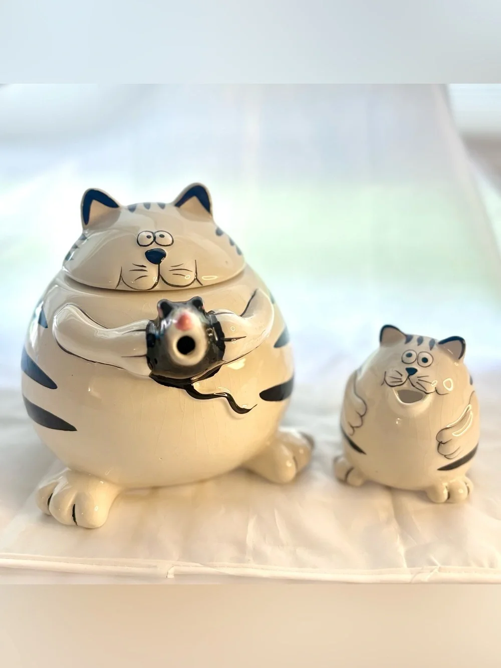 2pc Set Vintage Pier 1 Black White Cat Teapot & Creamer Mouse Fat Chubby Chester